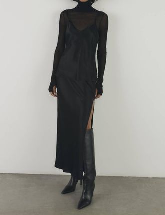 Enza Costa Cotton Mesh Long Sleeve Cuffed Turtleneck Top In Black