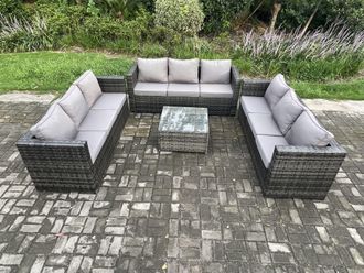 Fimous 9 Seater Rattan Garden Furniture Set Patio Outdoor Lounge Sofa Set with Square Coffee Table Dark Grey Mixed
