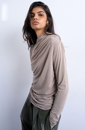 Topshop Ruched Long Sleeve Top in Pale Khaki at Nordstrom, Size X-Small