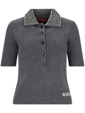 Gucci ribbed wool polo top - women - Wool/Crystal - M - Grey