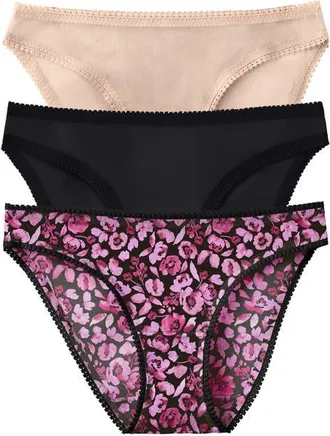 OnGossamer 3-Pack Mesh Hip Bikinis in Moody Floral/black/champagne at Nordstrom, Size Medium