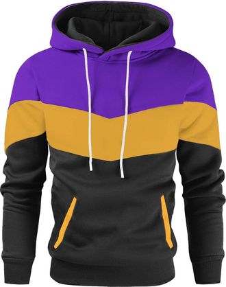 Generic Mens Hoodies Color Block Hooded Sweatshirt Long Sleeve Pullover Tops with Pockets Loose Casual Patchwork Hoodie Plus Size Purple