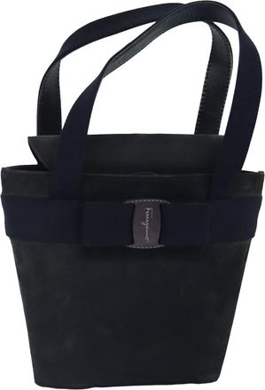 Ferragamo Vara Bow Top Handle Bucket Bag Suede Navy Suede Handbag (Pre-Owned)
