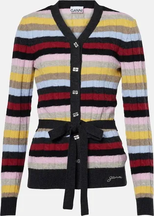 Ganni Striped cable-knit wool-blend cardigan