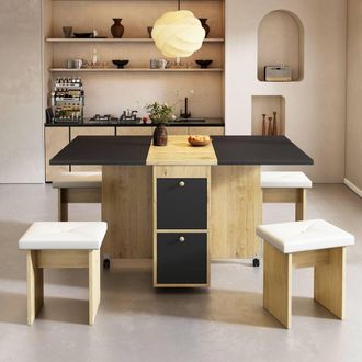 Merax 120cm Folding Drop Leaf Dining Table Set with 4 Upholstered Stools in Black