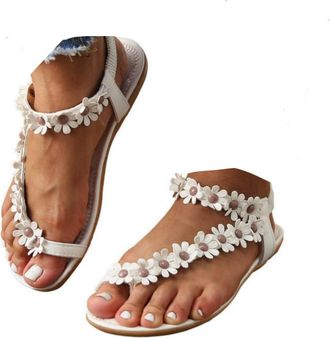Generic Sliders Women Summer Flat Comfortable Sliders Women Toe Separator Elegant Beach Strappy Sandals Flops Feet Leather Orthopaedic Slippers with Flowers M