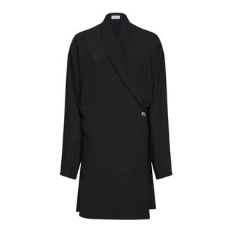 Brunello Cucinelli Kleedjes, Dames, Zwart, M, Leer, Chemisier Jurk Met Smoking-Stijl Band