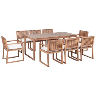 Beliani Conjunto De Comedor Exterior 8 Plazas R&uacute;stico De Madera De Acacia Certificada Mesa Y Sillas Con Cojines Blanco Crema Sassari Ii