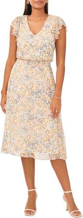 Chaus Floral Smocked Waist Midi Dress in White Multi at Nordstrom, Size Medium