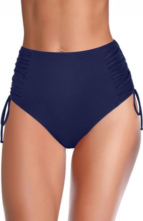 SHEKINI Womens High Waisted Bikini Bottoms Tummy Control Ruched Swimsuit Bottom Side Tie Bathing Suit Swimwear Dark Blue