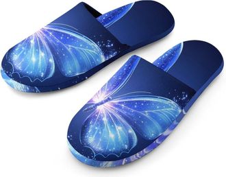 Generic Glowing Butterfly Blue Flannel Mens Slip-on Slippers Winter Warm House Shoes with Rubber Sole for Home Hotel