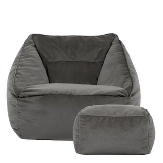 Icon Brand Natalia Velvet Adults Bean Bag Armchair & Pouffe, Large Beanbag & Footstool Olive Green in Charcoal
