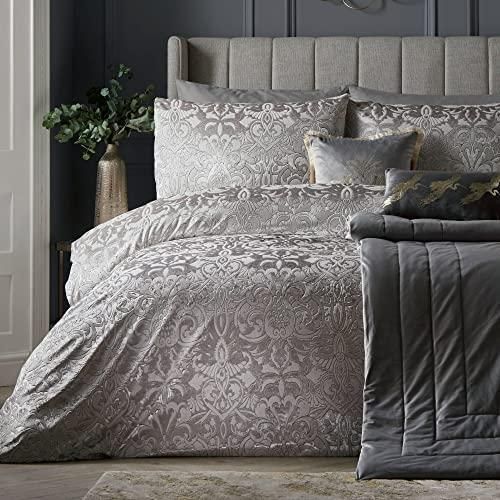 Laurence Llewelyn-Bowen Silbernes Damast-Bettwäsche-Set, Super-King-Size-Bett, 260 x 220 cm, luxuriöses geprägtes Jacquard-Bettwäsche, samtiges Gefühl, 2 Kissenbezüge, Elegan ab 88,82 €