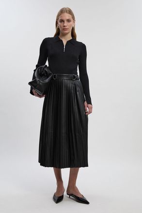 Karen Millen Womens Knitted Zip Neck Pu Mix Pleated Midi Dress - Black Viscose - Size X-Small