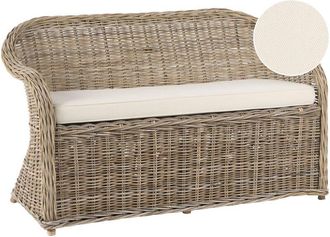 Beliani Banco Boho Para Jard&iacute;n Interior Y Exterior 141 Cm Rat&aacute;n Cojines De Tela Blanco Crema Natural Susua