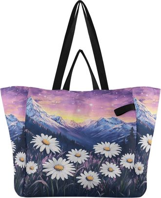 Generic Mountain Flower Purple pattern Reusable Canvas Tote Bag, Heavy Duty Grocery Shopping Bag with Hard Bottom Double Handles Large Capacity Work Groceries