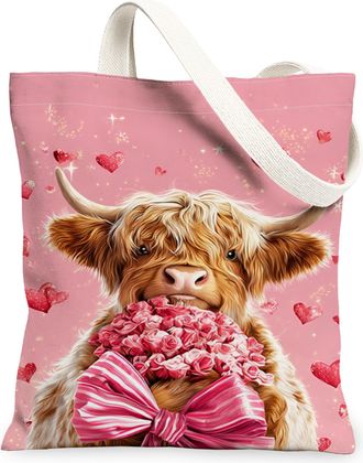 Generic Cute Cow Canvas Tote Bags, Adorable Animal Print Reusable Grocery Bags, Vintage Floral Lightweight Washable Shoulder Strap, Peach, 13x15 Inch