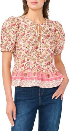 CeCe by Cynthia Steffe Floral Puff Sleeve Cotton Peplum Top in Plumeria at Nordstrom Rack, Size X-Small