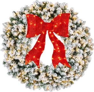 Best Choice Products Artificial Pre-Lit Flocked Fir Christmas Wreath D&eacute;cor w/ Red Bow, LED Lights, Tips, Plug-In