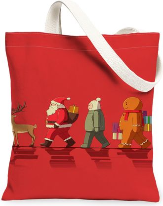 Generic Christmas Animal Canvas Tote Bags, Festive Reusable Grocery Bags, Holiday Vintage Lightweight Washable Shoulder Strap, Red, 13x15 Inch