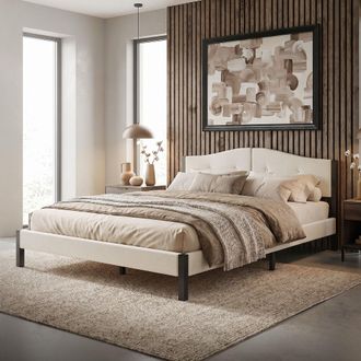 ML Design Ml-design Cama Tapizada Doble 160x200 Cm Estructura Con Cabecero Y Somier Robusto De L&aacute;minas Con Armaz&oacute;n De Acero Y Tejido De Lino Beige, Base Para Do