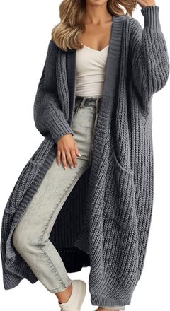 Generic Womens Long Cardigans Oversized Open Front Sweater Casual Solid Color Loose Knitted Cardigan with Pockets (UK, Alpha, XXL, Regular, Regular, Dark Gray