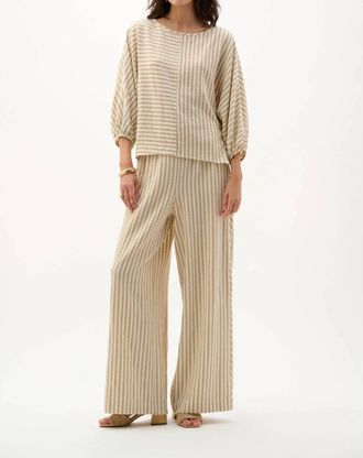Joseph Ribkoff Striped Puff Sleeves Boxy Top In Beige/off-White