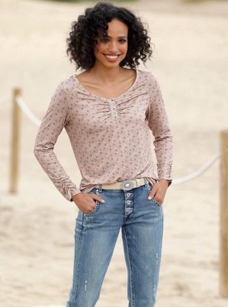 Heine Langarmshirt HEINE Druck-Shirt, Damen, Gr. 36, rosa (sesam, altrosa, bedruckt), 95% Viskose, 5% Elasthan, bedruckt, gebl&uuml;mt, gemustert, mehrfarbig, Ru