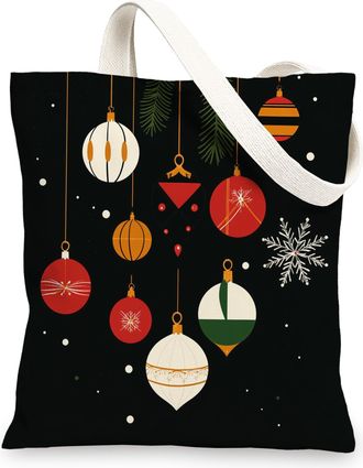Generic Vintage Merry Christmas Balls Canvas Tote Bag for Shopping 13x15, Black Retro Xmas Reusable Grocery Print Bag for Women, Holiday New Year Beach Aesthe