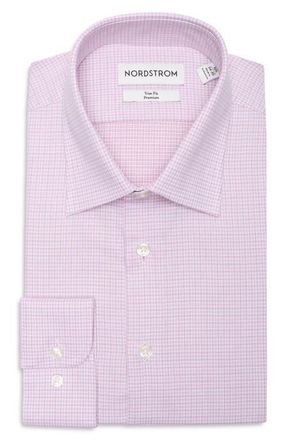 Nordstrom Trim Fit Premium Check Cotton Button-Up Shirt in Pink Bono Plaid at Nordstrom, Size 18.5 - 34
