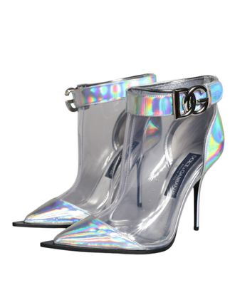 Dolce & Gabbana Womens Silver Iridescent Pvc Pointed Short Boots Shoes Calf Leather Pu Polyester