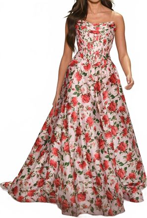 Sherri Hill Strapless Floral Gown With Corset Bodice In Pink Print