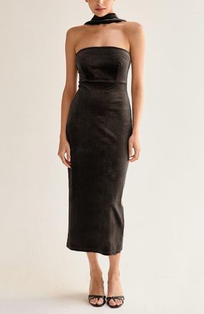 Crescent Halter Neck Velvet Tube Midi Dress in Black at Nordstrom, Size Medium