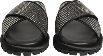 Dolce & Gabbana Mens Black Strass Criss Cross Slide Sandals Shoes Leather