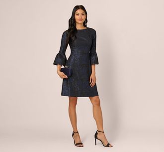 Adrianna Papell Three Quarter Bell Sleeve Short Jacquard Dress In Navy Black