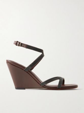 Brunello Cucinelli Sandali In Pelle Con Zeppa E Perline - Marrone