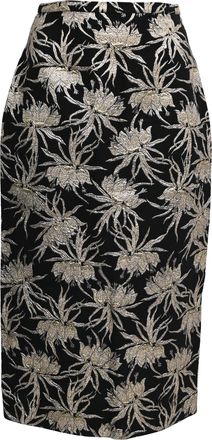 Rochas Floral Brocade Midi Pencil Skirt in Black and Gold Polyester