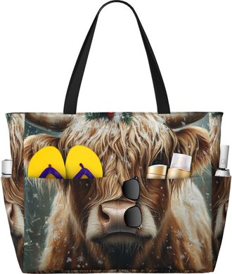 Generic Cute Highland Cow Print Large Beach Bag Foldable Travel Shoulder Tote Bag With Pocket For Weekender Pool Vacation