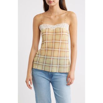 Mango Leire Plaid Lace Trim Top in Yellow at Nordstrom, Size X-Small