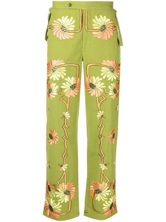 Bode Victorian floral-embroidered trousers - men - Wool - 28 - Green