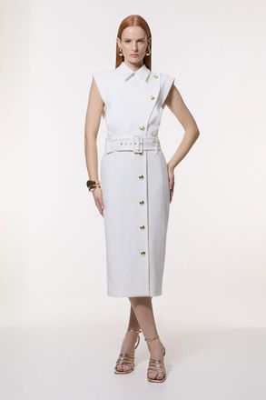 Karen Millen Womens Clean Tailored Contrast Collar Pencil Midi Dress - White - Size 10 UK
