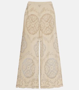 Valentino Embroidered cotton-blend wide-leg pants