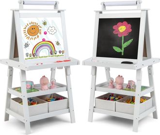 Costway Costway - Pizarra De Doble Cara Para Ni&ntilde;o Caballete De Infantil Tablero De Pie Con 2 Cajas De Almacenamiento,rollo De Papel Y Estantes (blanco)
