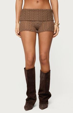 Edikted Rye Sheer Texture Foldover Shorts in Brown at Nordstrom, Size X-Large