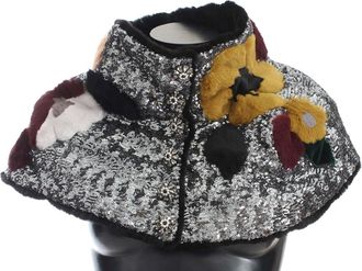 Dolce & Gabbana Silver Sequined Floral Weasel Fur Shoulder Scarf Womens Wrap