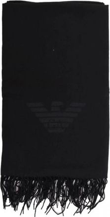 Emporio Armani Sjaal met Franjes en Adelaarprint - Heren - Wintersjaals - Zwart - ONE Size - Accessoires