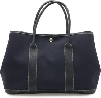 Herm&egrave;s Navy Toile Officier Leather Handbag Tote Bag (Pre-Owned)