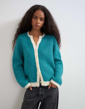 Topshop cardigan lavorato a maglia effetto peloso in teal con profili a contrasto-Blu