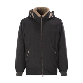 Brunello Cucinelli Bomberjack met capuchon van wol en shearling - Heren - Bomber jackets - Blauw - XL - Wol - Jassen