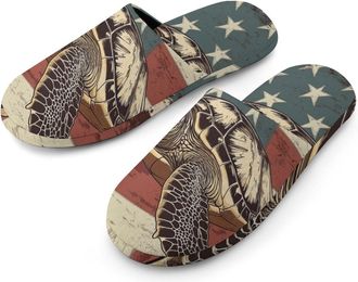 Generic Sea Turtle Old American Flag Mens Slippers Flannel Warm House Shoes with Rubber Anti-Slip Sole Slip On for Home Outdoor